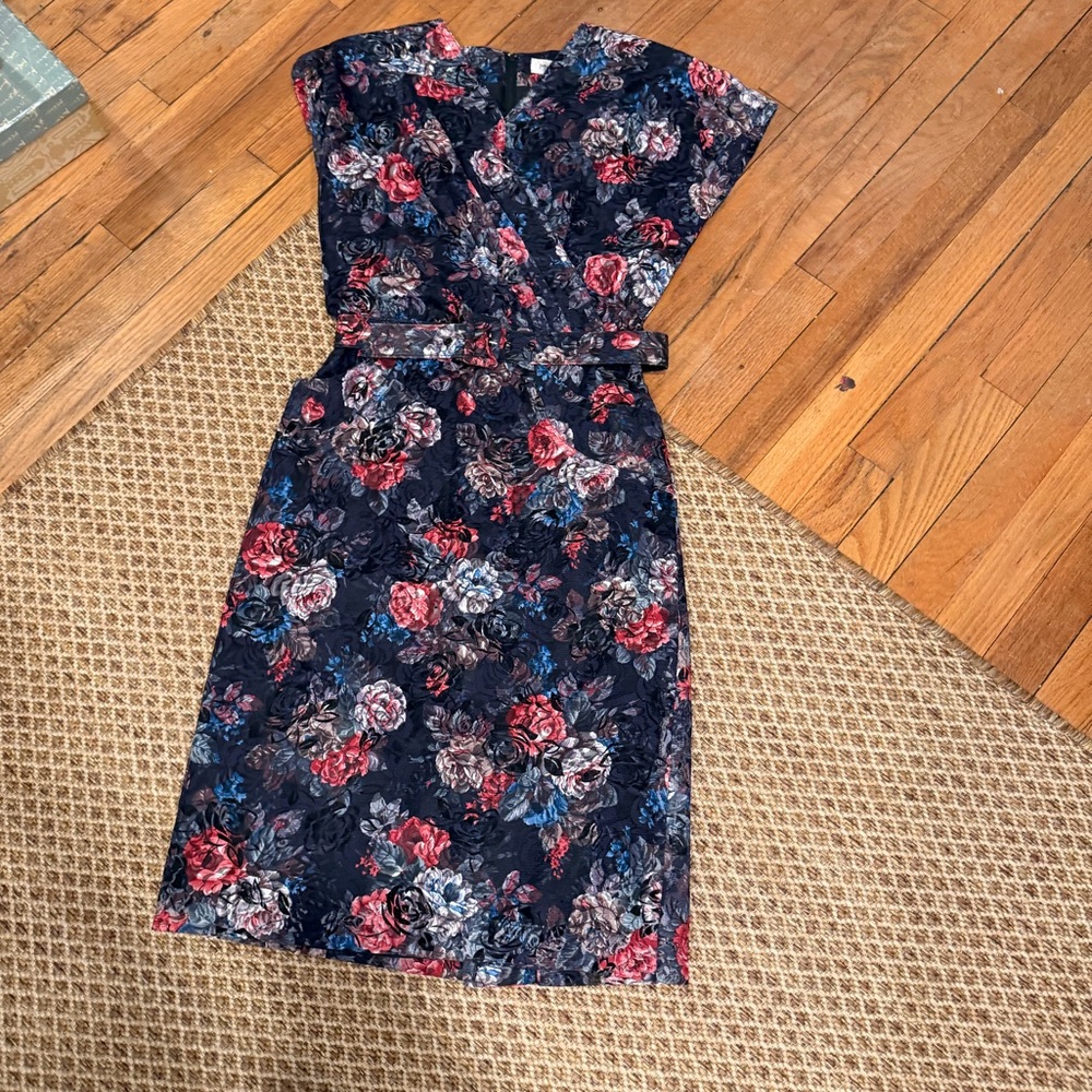 Retro Navy Floral Lace Belted Midi Dress